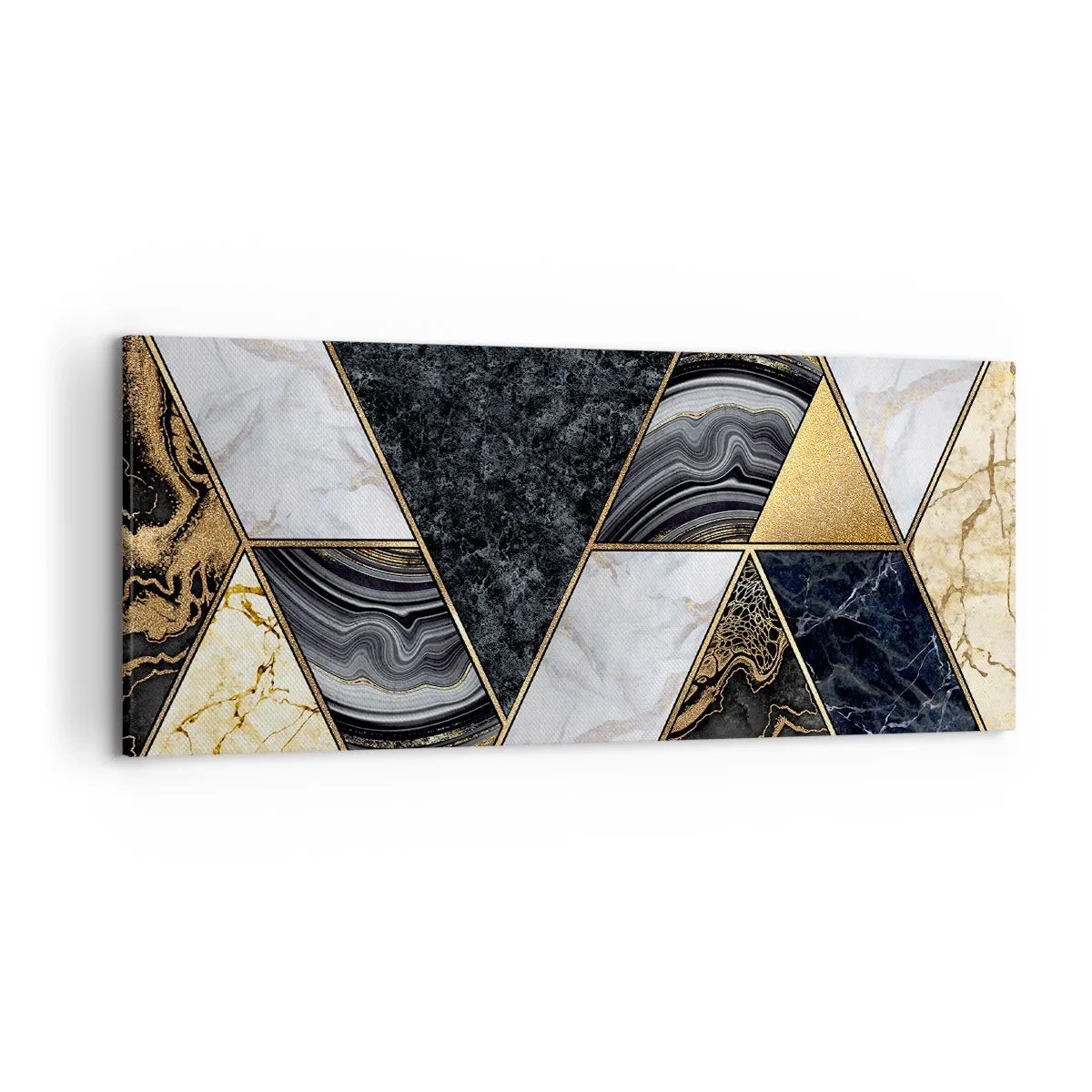 Cuadro sobre lienzo - Impresión de Imagen - Triángulos geométricos en dorado, mármol y tonos oscuros. - 120x50cm - Collage de piedras - Decoración de pared moderna para salón y dormitorio ARTTOR