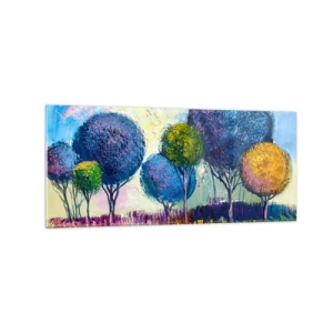 Cuadro sobre vidrio - Impresiones sobre Vidrio - Árboles coloridos en forma de bola con el paisaje como telón de fondo - 120x50cm - Una esfera: la forma de un ideal - Decoración de pared moderna para salón y dormitorio ARTTOR