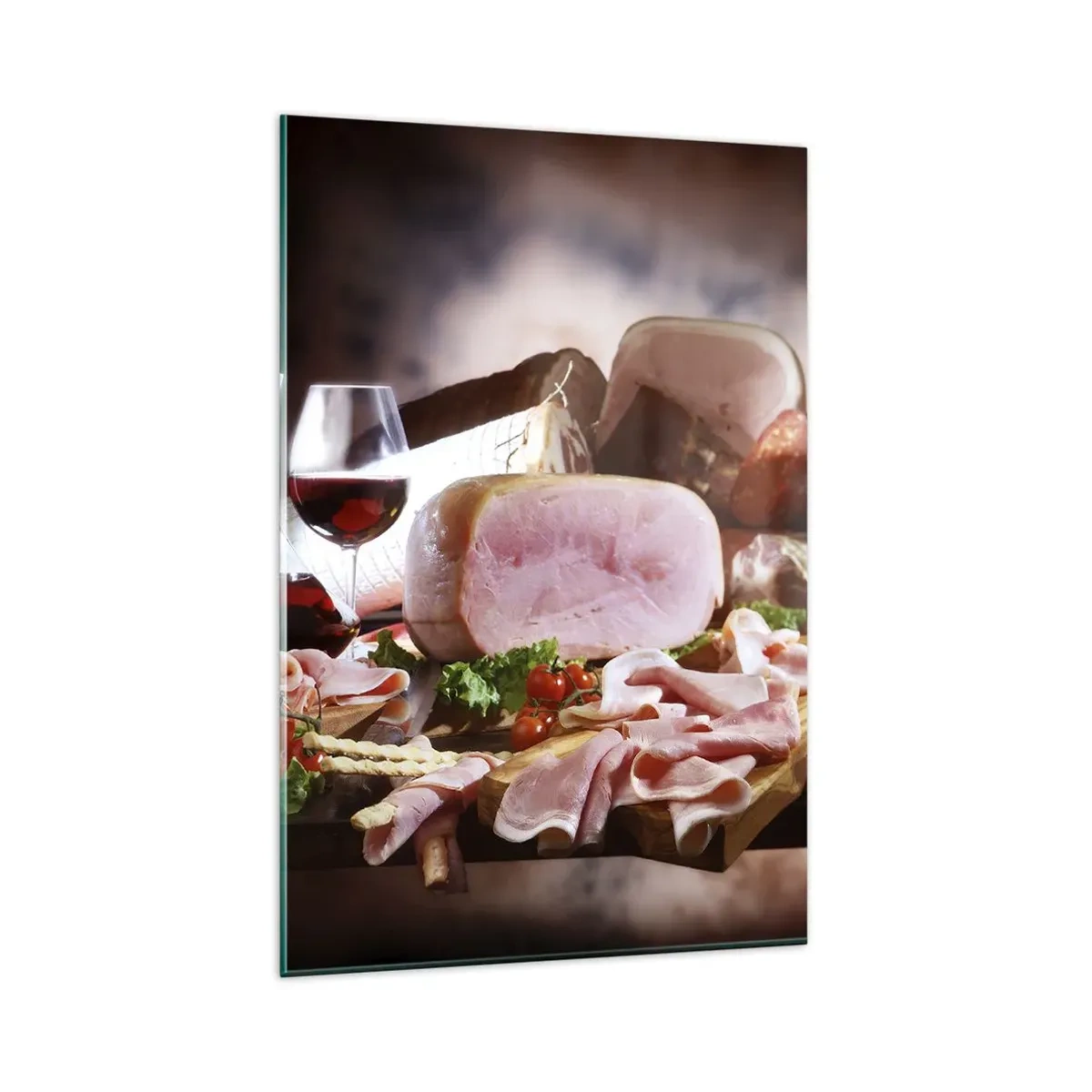 Cuadro sobre vidrio - Impresiones sobre Vidrio - Embutidos con vino sobre fondo rústico - 80x120cm - Un sueño culinario - Decoración de pared moderna para salón y dormitorio ARTTOR