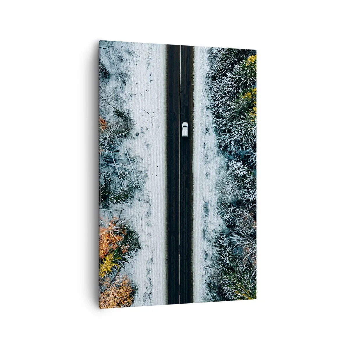 Cuadro sobre lienzo - Impresión de Imagen - Un camino a través de un bosque invernal visto a vista de pájaro - 80x120cm - Atravesar el bosque en invierno - Decoración de pared moderna para salón y dormitorio ARTTOR