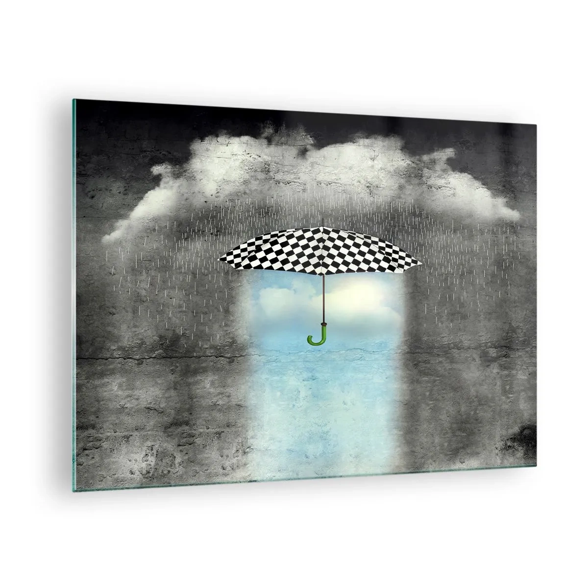 Cuadro sobre vidrio - Impresiones sobre Vidrio - Un paraguas a cuadros blancos y negros sobre un fondo de lluvia y nubes. - 70x50cm - Y sin embargo, es posible - Decoración de pared moderna para salón y dormitorio ARTTOR