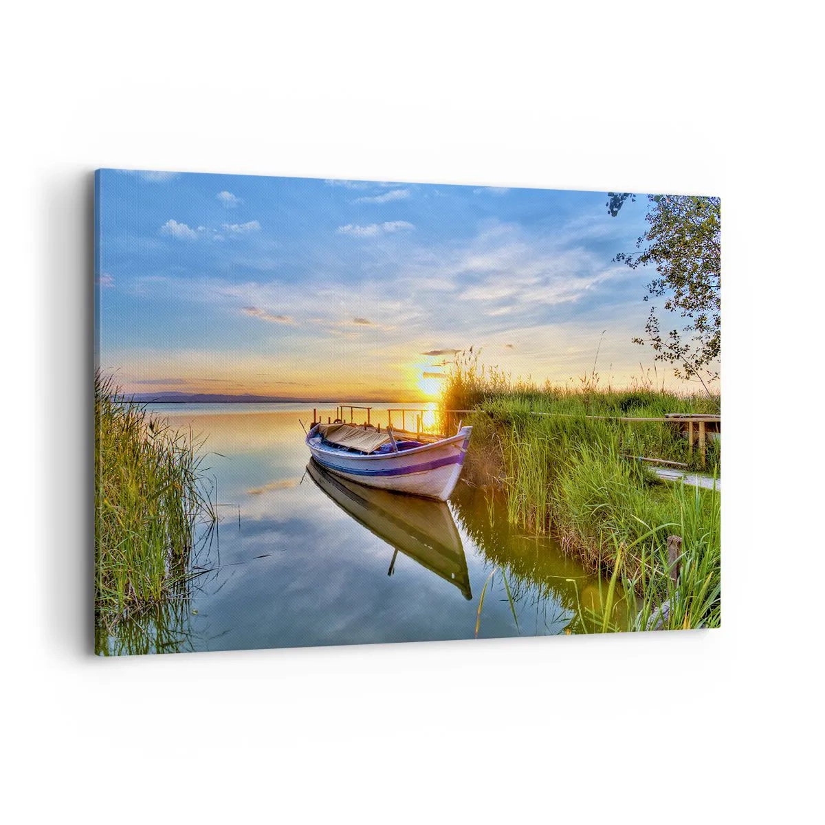 Cuadro sobre lienzo - Impresión de Imagen - Un barco en una bahía tranquila al atardecer. - 120x80cm - Sueños cumplidos - Decoración de pared moderna para salón y dormitorio ARTTOR