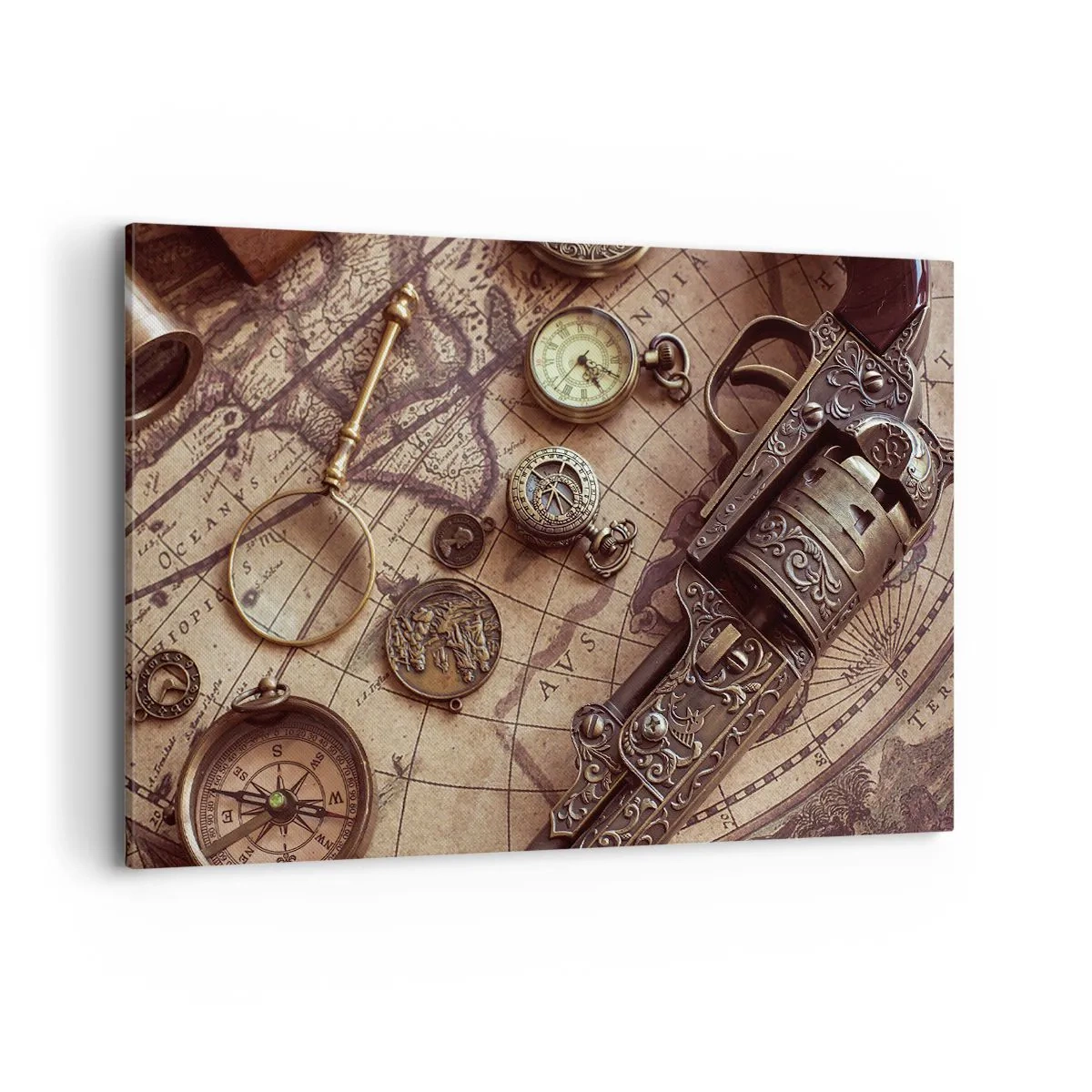 Cuadro sobre lienzo - Impresión de Imagen - Objetos antiguos en un mapa antiguo en estilo retro. - 120x80cm - La aventura llama - Decoración de pared moderna para salón y dormitorio ARTTOR