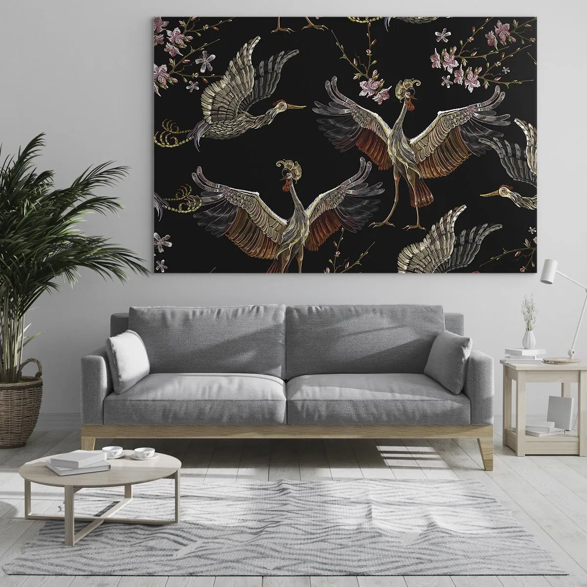 Cuadro sobre vidrio - Impresiones sobre Vidrio - Pájaros en vuelo con flores sobre fondo negro, estilo retro. - 120x80cm - Aves de cuento de hadas - Decoración de pared moderna para salón y dormitorio ARTTOR