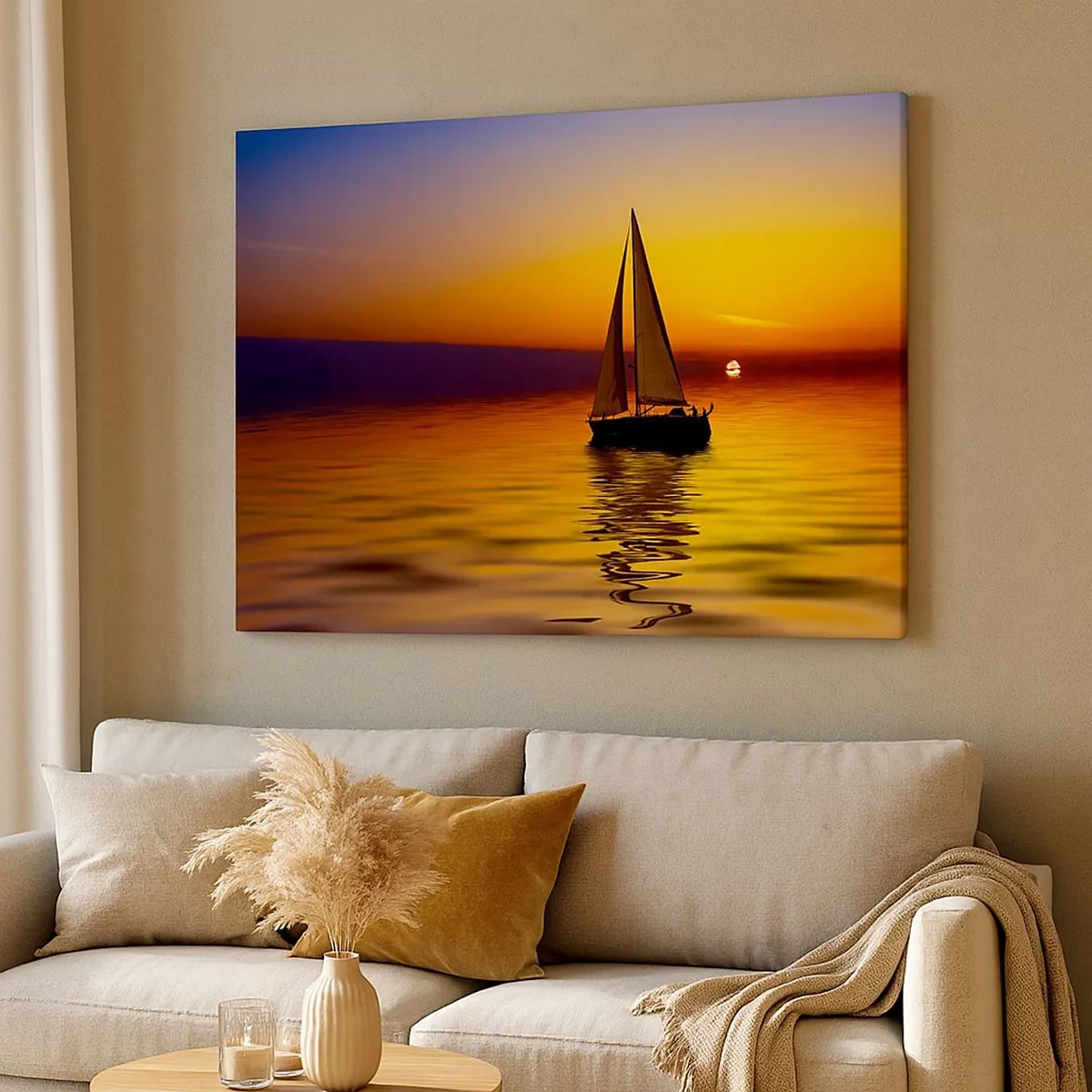 Cuadro sobre lienzo - Impresión de Imagen - Un velero en un mar tranquilo al atardecer. - 70x50cm - Qué tranquilo el anochecer… - Decoración de pared moderna para salón y dormitorio ARTTOR