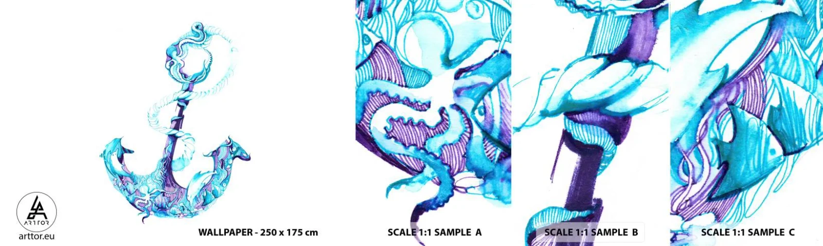 Muestra de fotomural autoadhesivo Deluxe Sticker - Los secretos del mar - Abstracción, Ancla, Mar - 100x30 cm