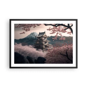 Póster en marco negro - Un templo japonés rodeado de flores de cerezo y montañas. - 70x50cm - Tierra de cerezos en flor - Decoración de pared moderna para salón y dormitorio ARTTOR
