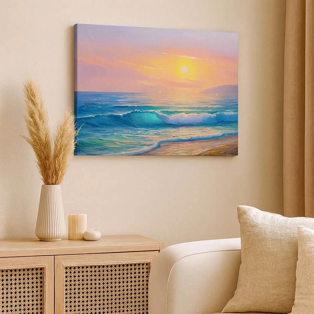 Cuadro sobre lienzo - Impresión de Imagen - Paisaje marino con puesta de sol - 70x50cm - El canto turquesa de las olas - Decoración de pared moderna para salón y dormitorio ARTTOR