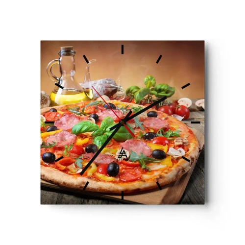 Reloj de pared - Reloj de vidrio - Deliciosa pizza en una mesa de madera con ingredientes. - 30x30cm - Con un verdadero sabor italiano - Decoración de pared moderna para salón y dormitorio ARTTOR