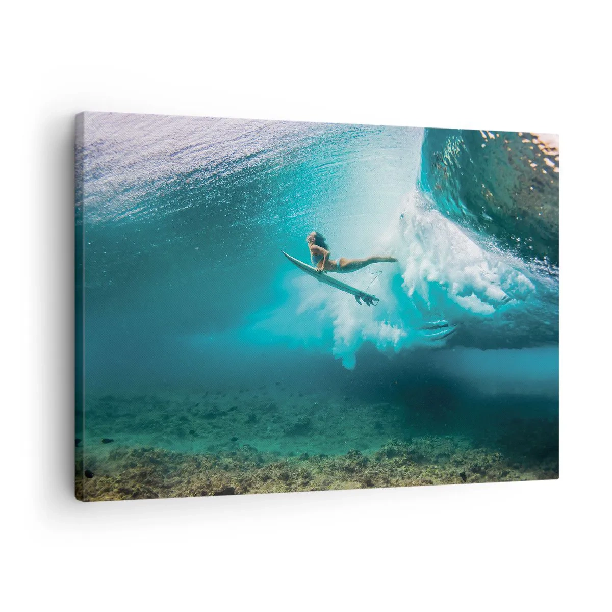 Cuadro sobre lienzo - Impresión de Imagen - Surfista bajo una ola en el agua azul del océano - 70x50cm - Mundo submarino - Decoración de pared moderna para salón y dormitorio ARTTOR