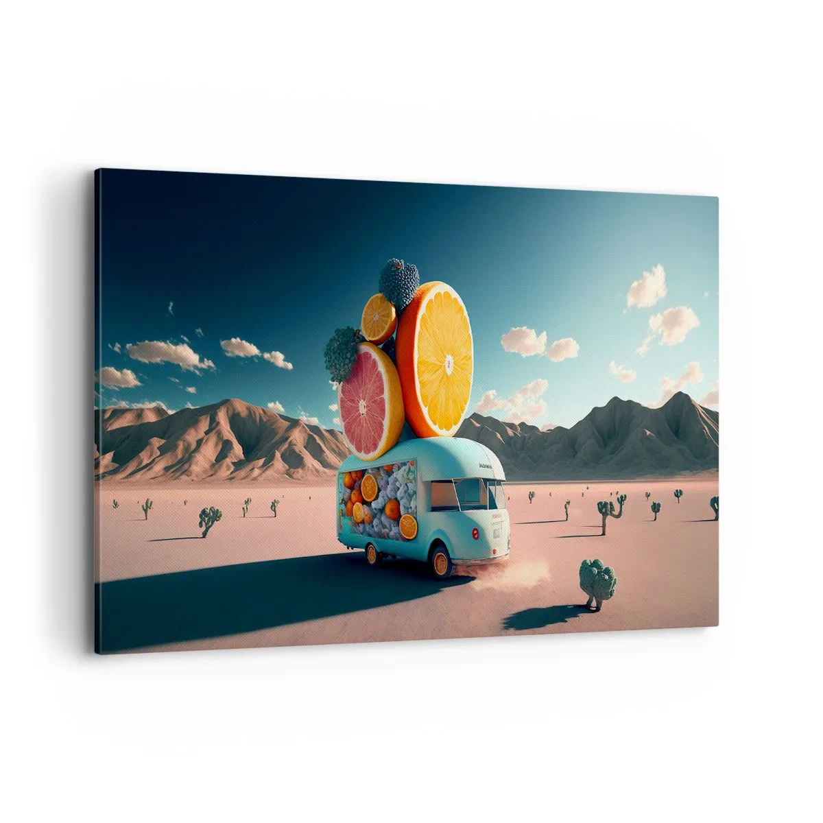 Cuadro sobre lienzo - Impresión de Imagen - Camión de frutas en un paisaje desértico - 120x80cm - Un sabor a vacaciones - Decoración de pared moderna para salón y dormitorio ARTTOR