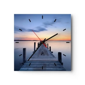 Reloj de pared - Reloj de vidrio - Muelle de madera en el lago al atardecer - 30x30cm - La calma de un crepúsculo sereno - Decoración de pared moderna para salón y dormitorio ARTTOR