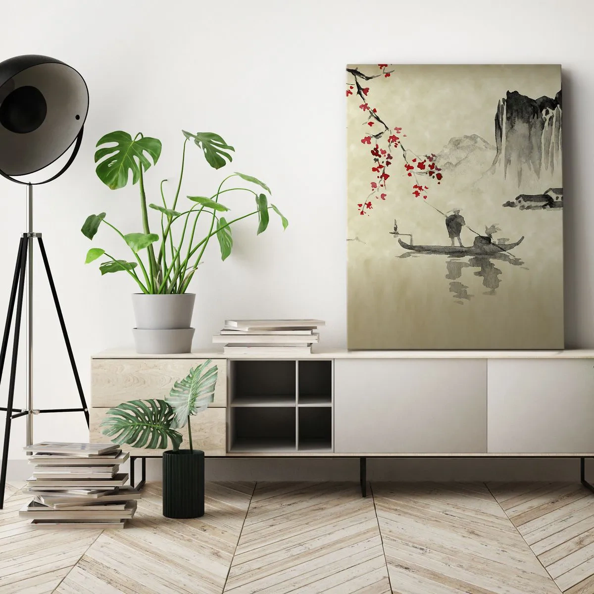 Cuadro sobre lienzo - Impresión de Imagen - Ilustración oriental con un barco y una rama floreciente. - 50x70cm - En el país de los cerezos en flor - Decoración de pared moderna para salón y dormitorio ARTTOR