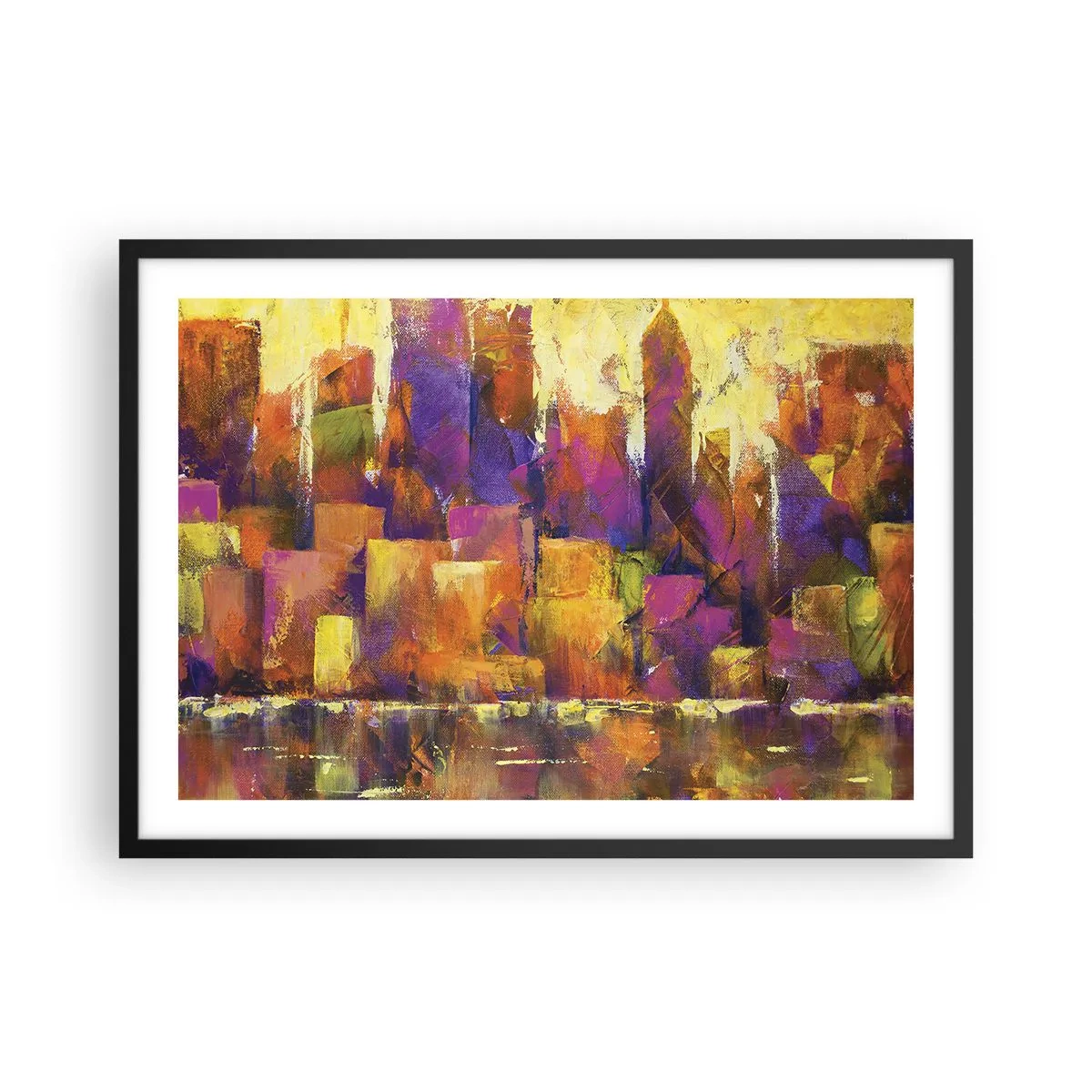 Póster en marco negro - Composición abstracta de una metrópolis en tonos amarillos y morados. - 70x50cm - Composición metropolitana - Decoración de pared moderna para salón y dormitorio ARTTOR