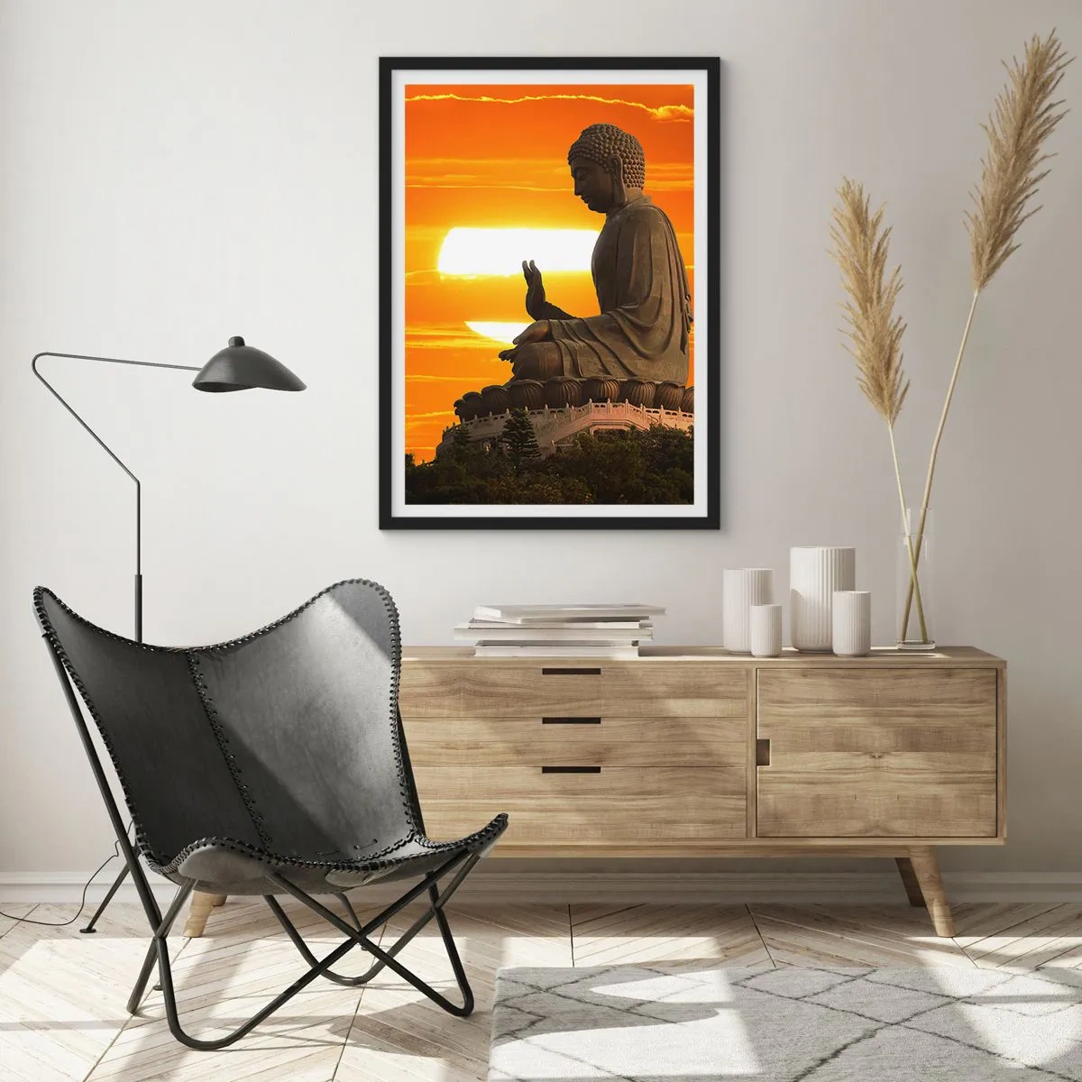 Póster en marco negro - Una estatua de Buda contra un cielo naranja. - 50x70cm - Sin miedo al mundo - Decoración de pared moderna para salón y dormitorio ARTTOR