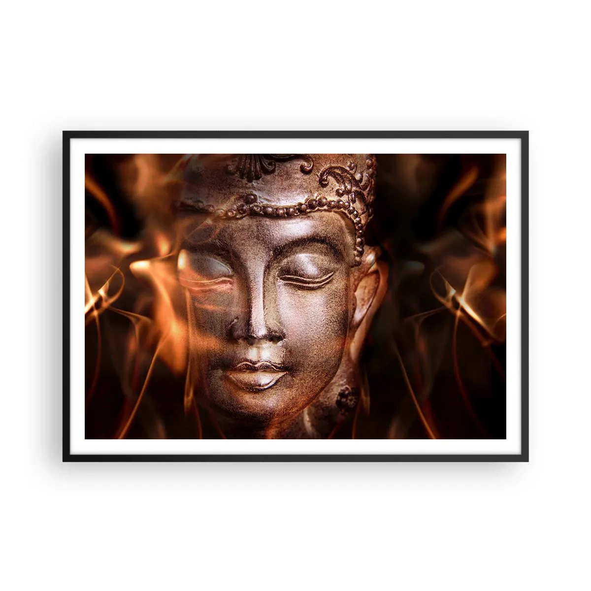 Póster en marco negro - Una estatua de Buda en medio de llamas de tonos dorados. - 100x70cm - Solo existe el aquí y el ahora - Decoración de pared moderna para salón y dormitorio ARTTOR