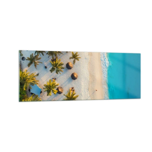 Cuadro sobre vidrio - Impresiones sobre Vidrio - Vista de una playa tropical con palmeras y un mar turquesa. - 140x50cm - Bienvenidos al paraíso - Decoración de pared moderna para salón y dormitorio ARTTOR