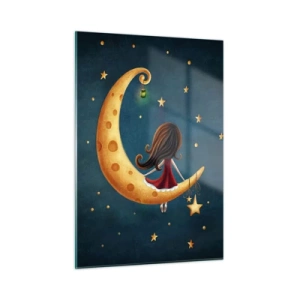 Cuadro sobre vidrio - Impresiones sobre Vidrio - Una niña en la luna entre las estrellas sobre un fondo azul marino. - 50x70cm - Érase una vez... - Decoración de pared moderna para salón y dormitorio ARTTOR