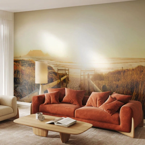 Fotomural Premium Sand - Camino a la playa al atardecer con vista al mar - 100x70cm - A través de la duna, hacia el sol - Decoración de pared moderna para salón y dormitorio ARTTOR