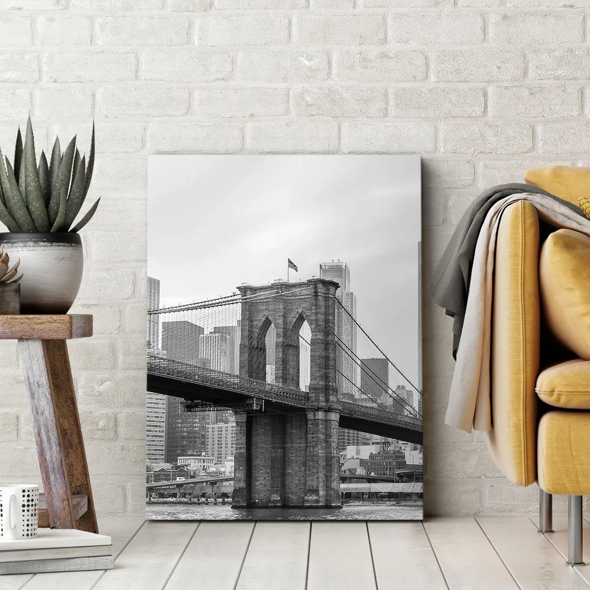 Cuadro sobre lienzo - Impresión de Imagen - Puente de Brooklyn con rascacielos de Nueva York al fondo - 80x120cm - Vibraciones de Nueva York - Decoración de pared moderna para salón y dormitorio ARTTOR