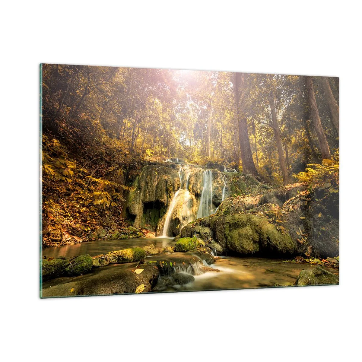 Cuadro sobre vidrio - Impresiones sobre Vidrio - Cascada forestal en la vegetación - 120x80cm - Cascada forestal en verde - Decoración de pared moderna para salón y dormitorio ARTTOR