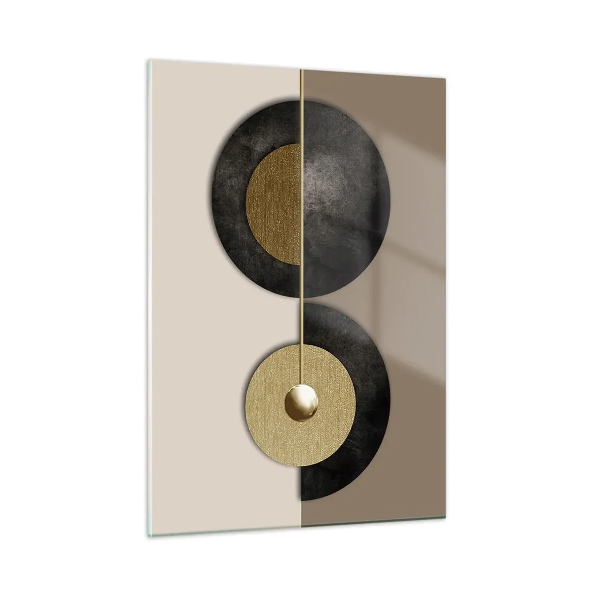 Cuadro sobre vidrio - Impresiones sobre Vidrio - Círculos geométricos en dorado y negro sobre fondo beige. - 50x70cm - Variaciones en torno a un círculo - Decoración de pared moderna para salón y dormitorio ARTTOR