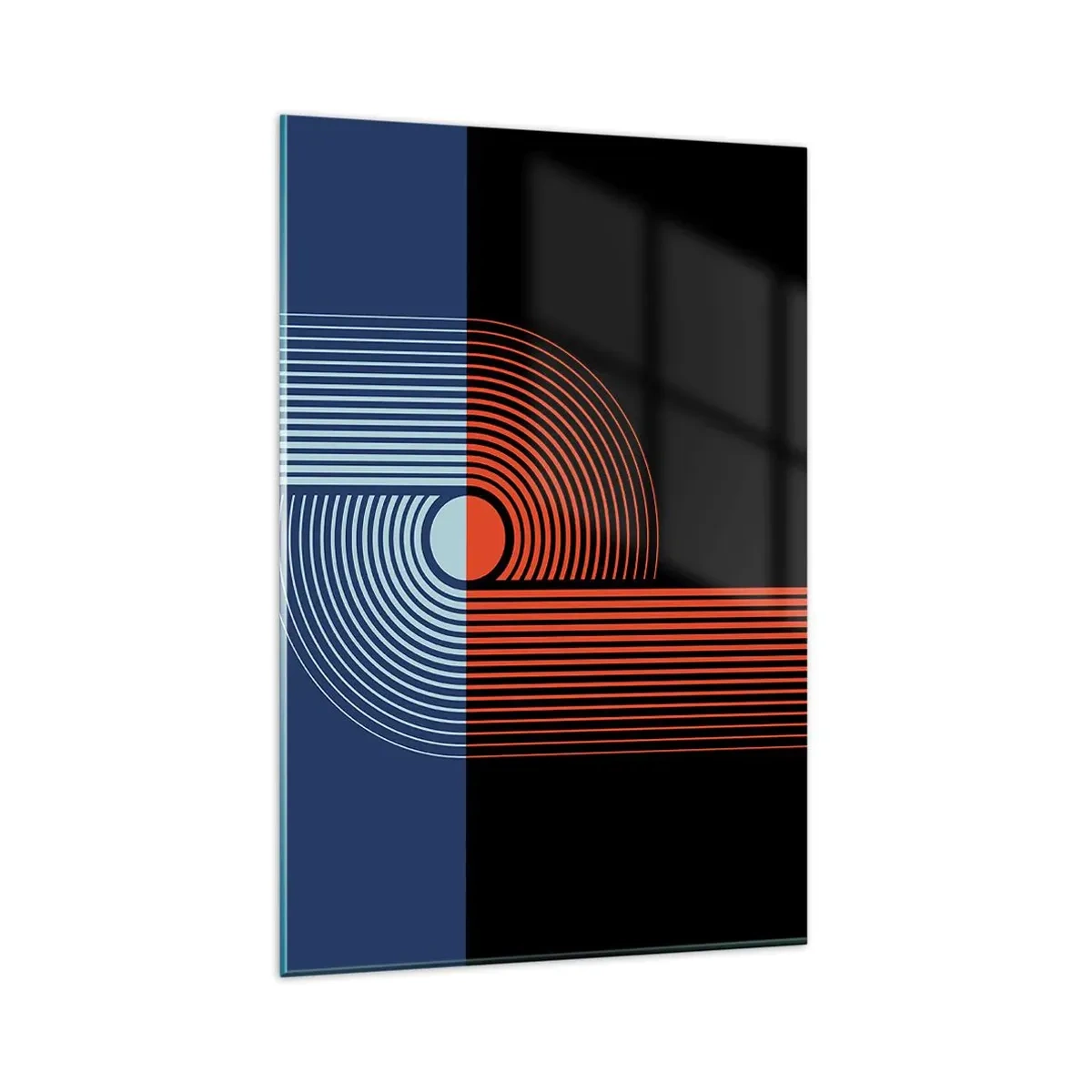 Cuadro sobre vidrio - Impresiones sobre Vidrio - Abstracción geométrica con líneas en azul marino y naranja. - 80x120cm - En un abrazo geométrico - Decoración de pared moderna para salón y dormitorio ARTTOR