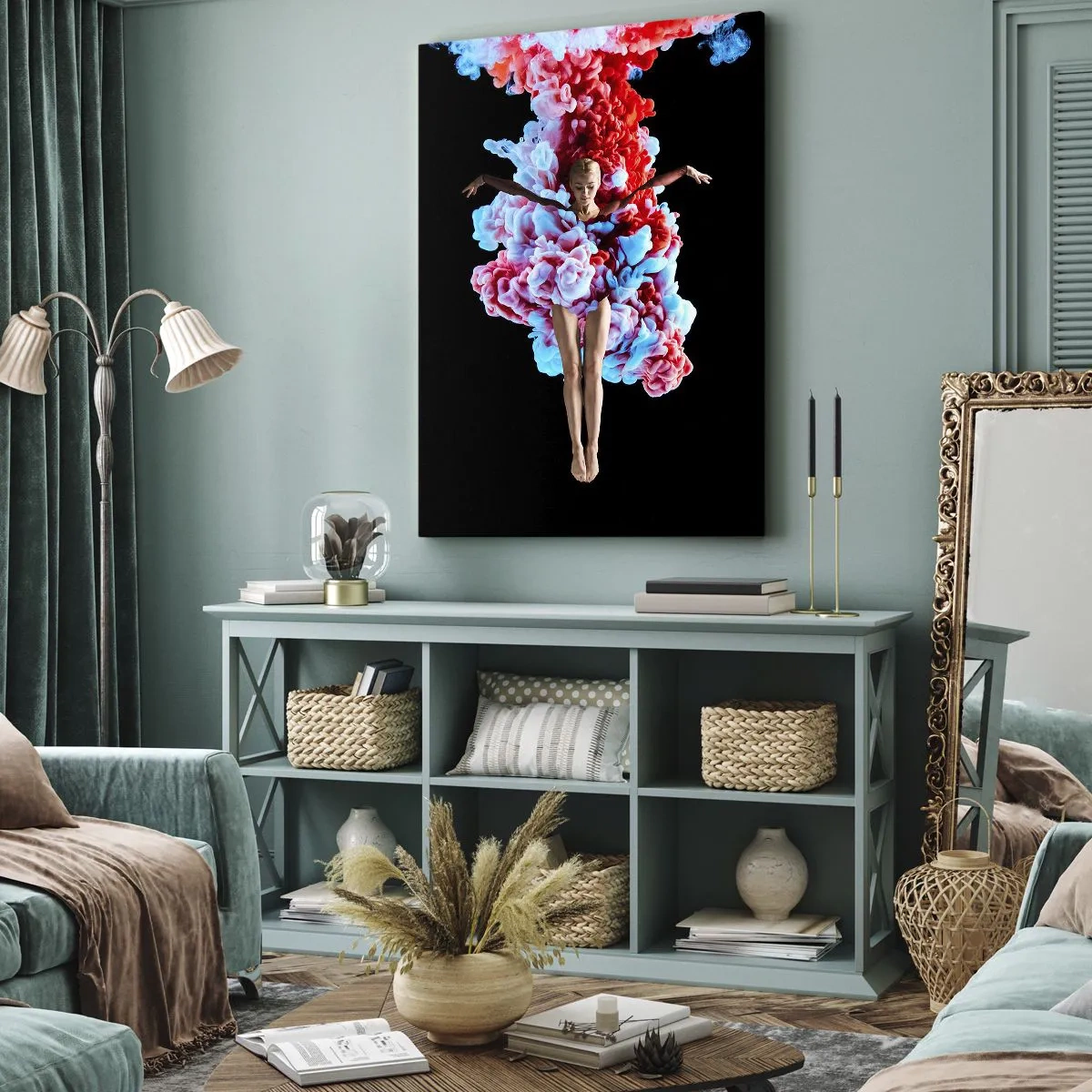 Cuadro sobre lienzo - Impresión de Imagen - Una bailarina rodeada de humo de colores sobre un fondo negro. - 50x70cm - En plena floración - Decoración de pared moderna para salón y dormitorio ARTTOR