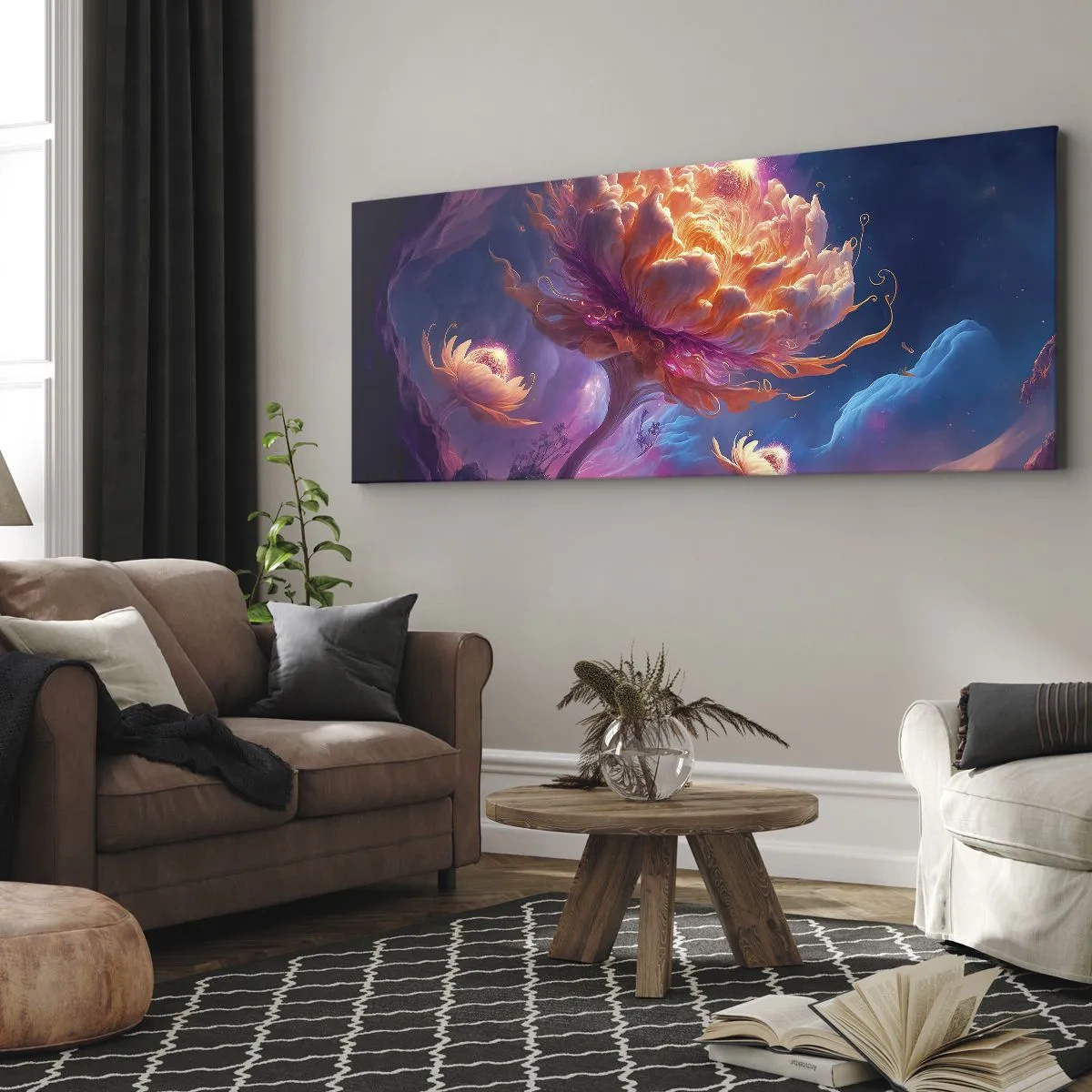 Cuadro sobre lienzo - Impresión de Imagen - Flores de fantasía en un paisaje cósmico. - 140x50cm - Otro mundo - Decoración de pared moderna para salón y dormitorio ARTTOR