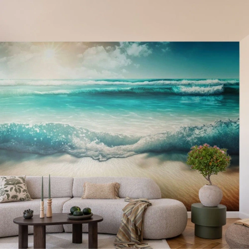 Fotomural Premium Sand - Olas turquesas del océano rompiendo en una playa de arena - 100x70cm - Calma oceánica - Decoración de pared moderna para salón y dormitorio ARTTOR