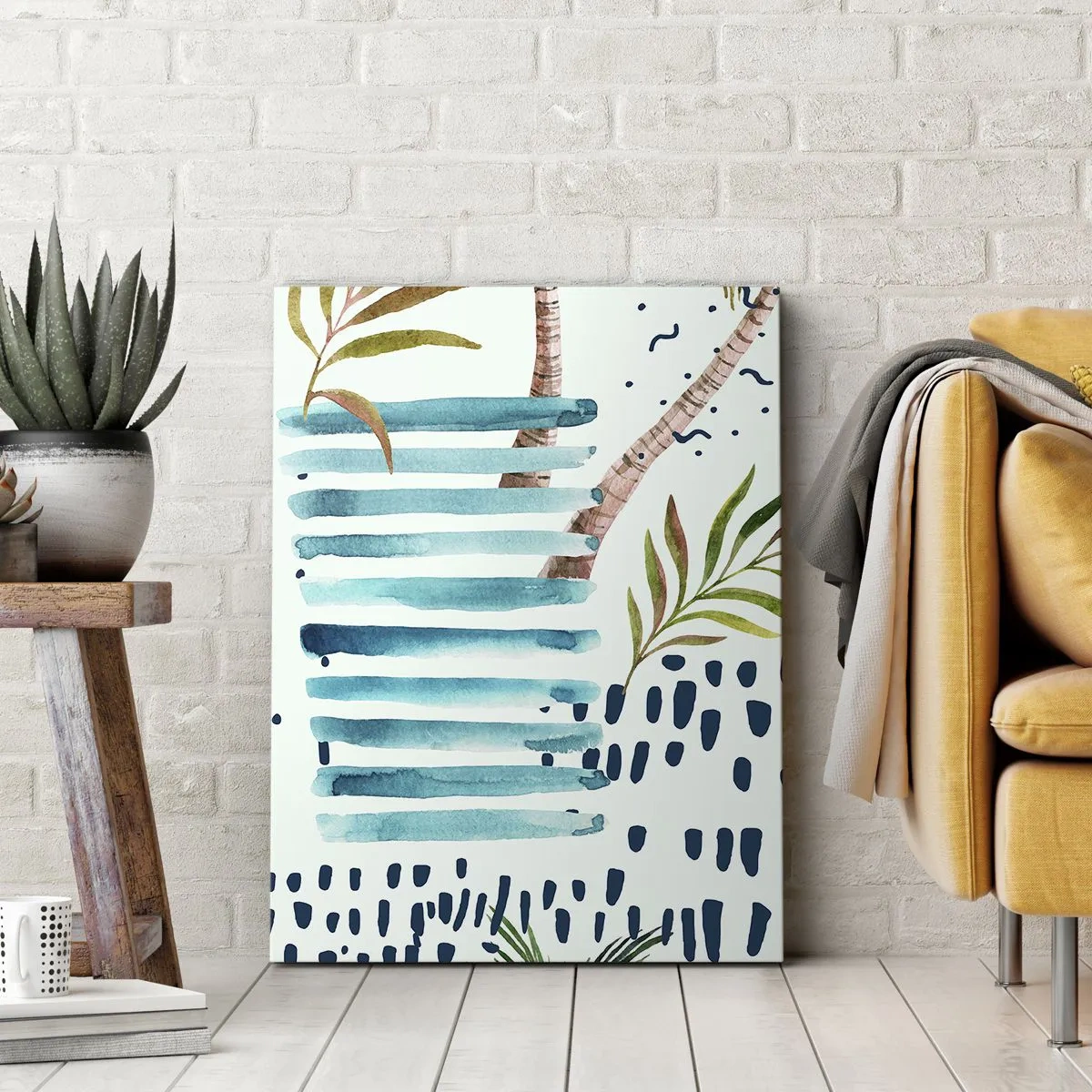 Cuadro sobre lienzo - Impresión de Imagen - Patrón abstracto con palmeras y acentos náuticos. - 70x100cm - Vacaciones bajo las palmeras - Decoración de pared moderna para salón y dormitorio ARTTOR