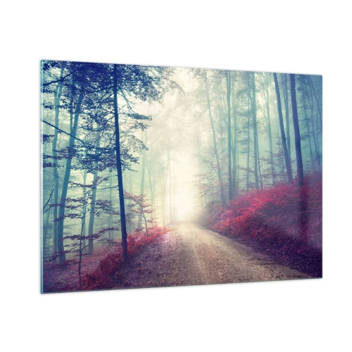 Cuadro sobre vidrio - Impresiones sobre Vidrio - Camino forestal en la niebla con acentos rojos - 100x70cm - Qué bueno es levantarse al amanecer - Decoración de pared moderna para salón y dormitorio ARTTOR