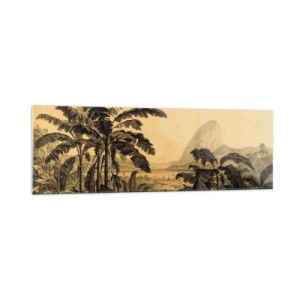 Cuadro sobre vidrio - Impresiones sobre Vidrio - Dibujo de árboles de plátano sobre un fondo de paisaje tropical. - 160x50cm - En un ambiente colonial - Decoración de pared moderna para salón y dormitorio ARTTOR