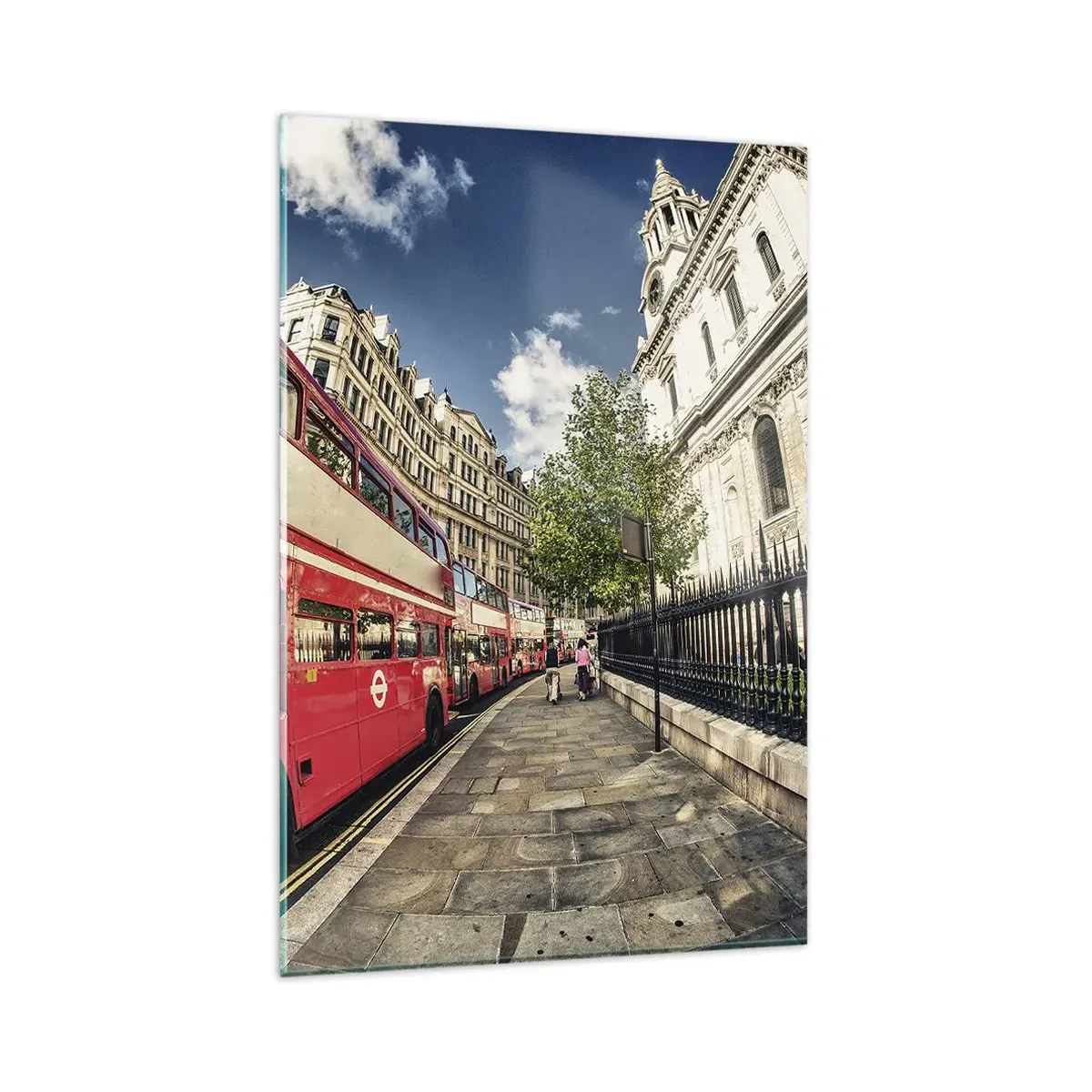 Cuadro sobre vidrio - Impresiones sobre Vidrio - Autobús rojo de dos pisos en Londres, cerca de la calle y la catedral. - 80x120cm - Una calle de Londres en gris y rojo - Decoración de pared moderna para salón y dormitorio ARTTOR