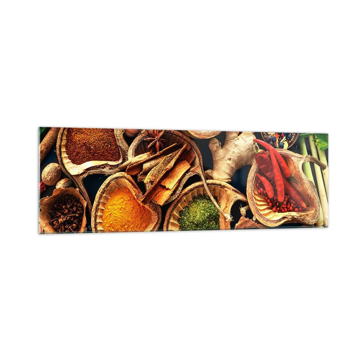 Cuadro sobre vidrio - Impresiones sobre Vidrio - Cuencos de especias en diferentes colores. - 160x50cm - Toma lo que quieras - Decoración de pared moderna para salón y dormitorio ARTTOR