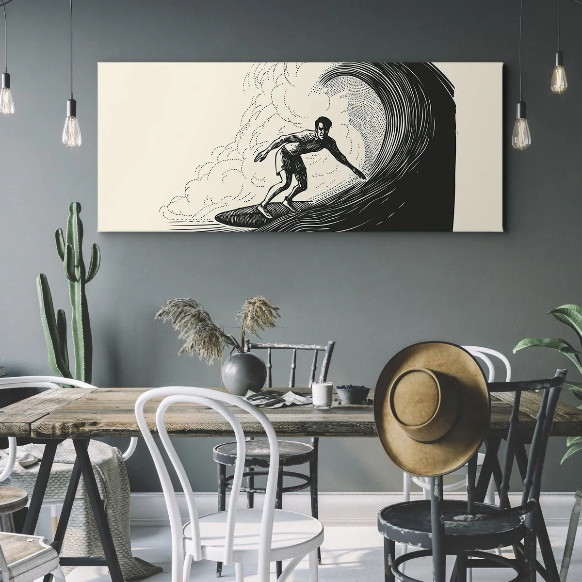 Cuadro sobre lienzo - Impresión de Imagen - Gráfico en blanco y negro de un surfista montando una ola. - 160x50cm - Rey de la ola - Decoración de pared moderna para salón y dormitorio ARTTOR