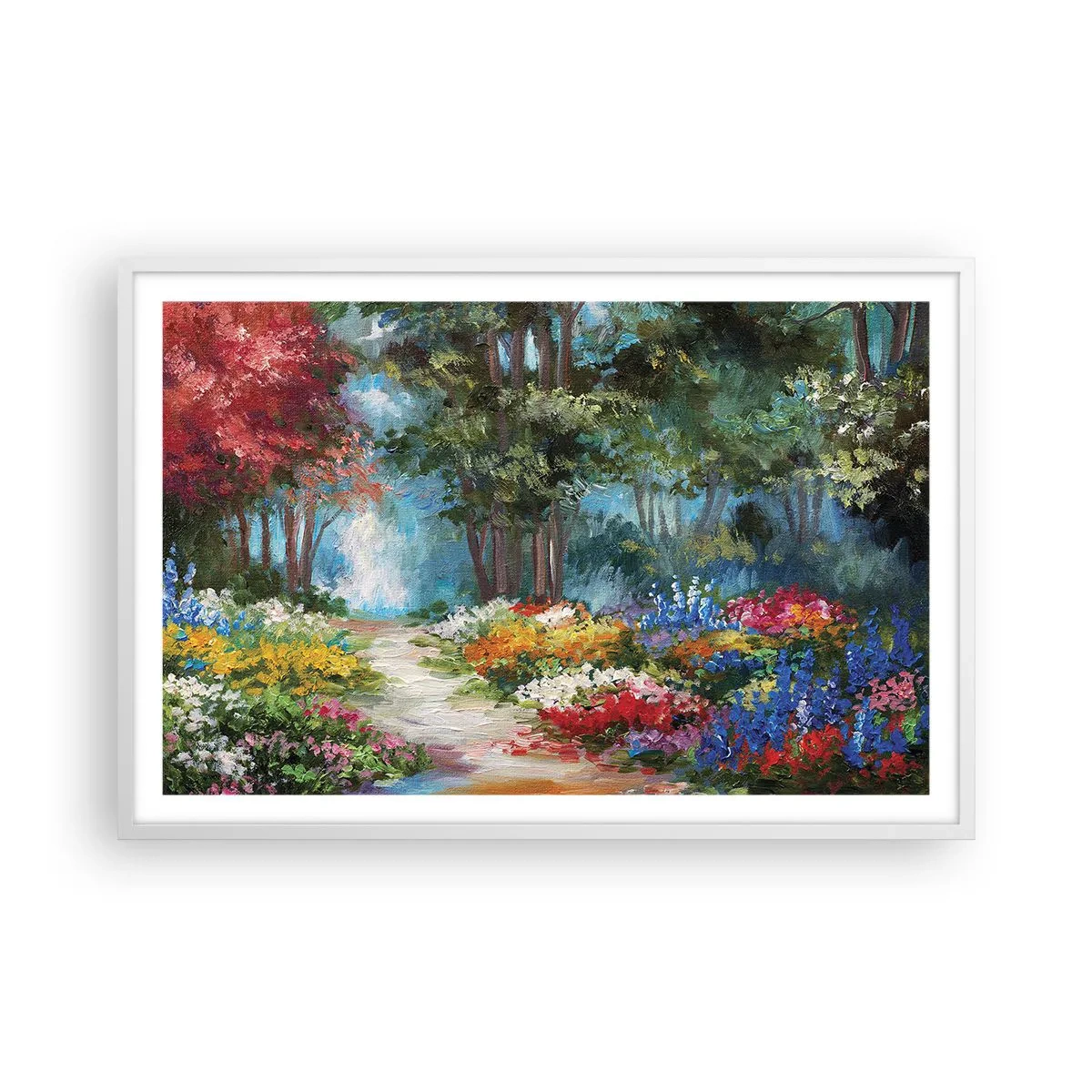 Póster en marco blanco - Jardín forestal, bosque floral - 91x61 cm