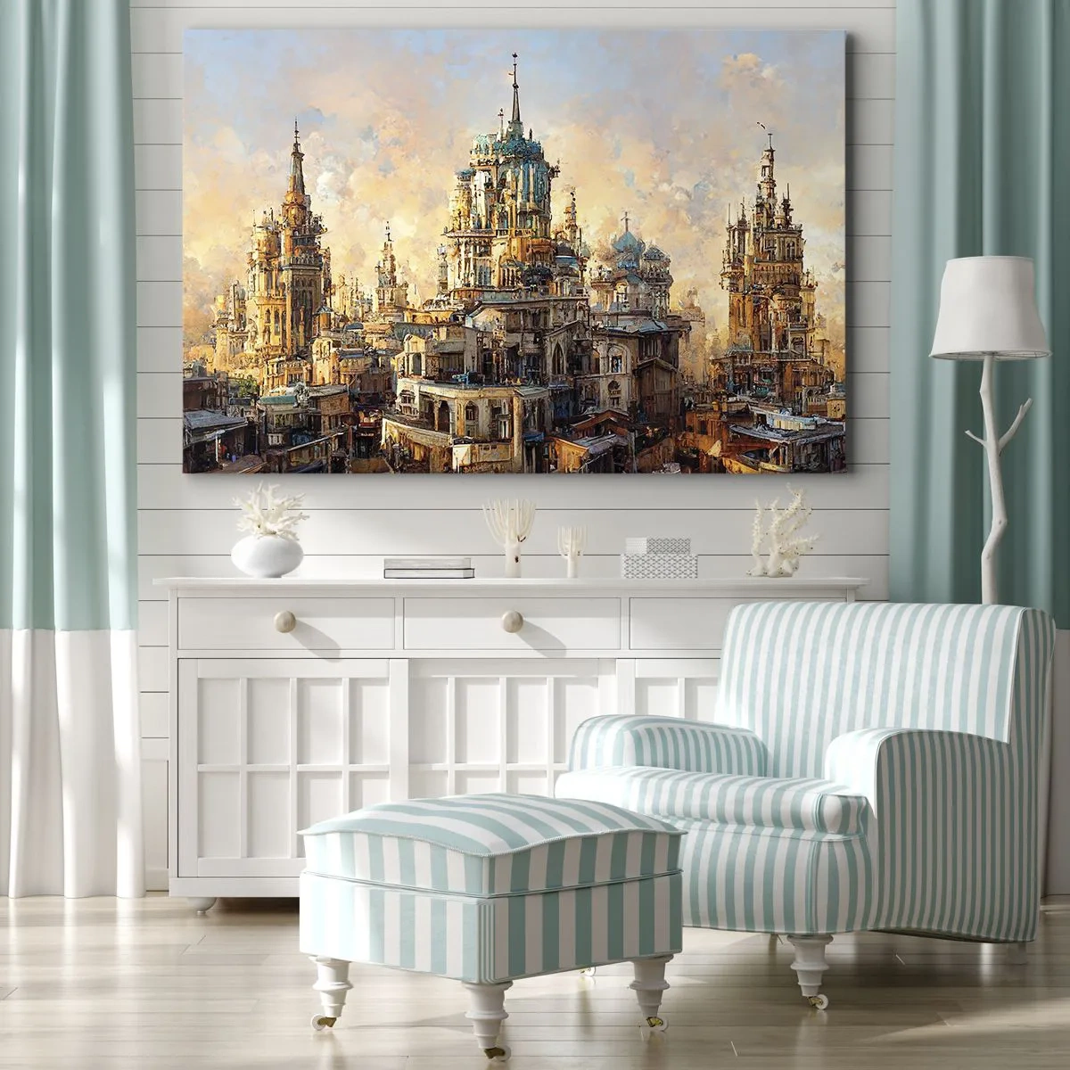 Cuadro sobre lienzo - Impresión de Imagen - Torres arquitectónicas bajo los rayos del sol poniente - 70x50cm - Una ciudad de ciudades - Decoración de pared moderna para salón y dormitorio ARTTOR