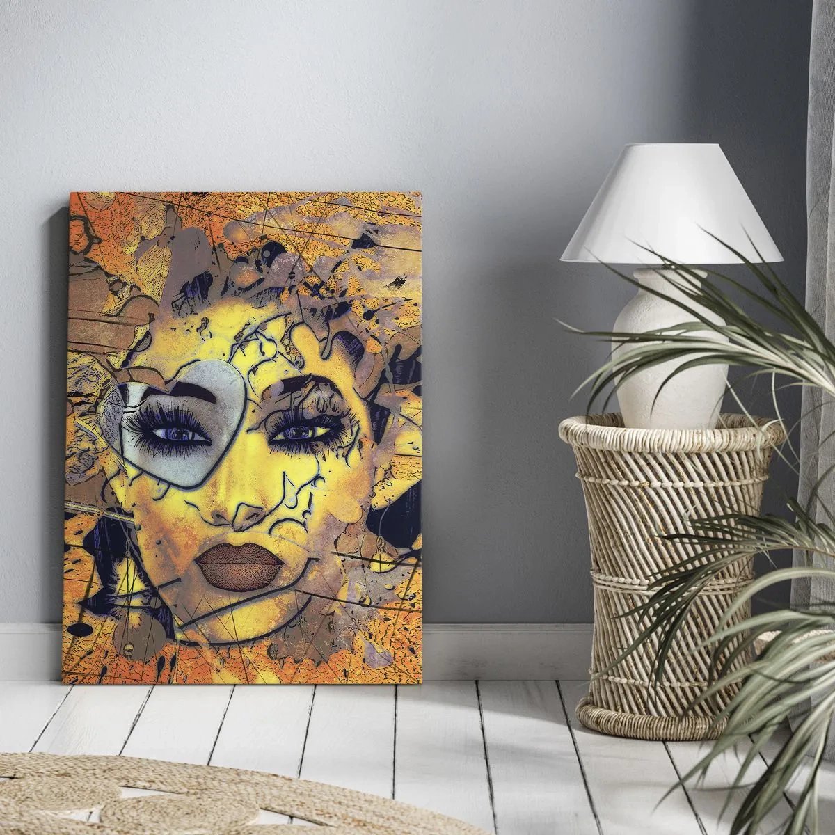 Cuadro sobre lienzo - Impresión de Imagen - Retrato abstracto de una mujer en tonos amarillo dorado. - 50x70cm - La belleza del sol - Decoración de pared moderna para salón y dormitorio ARTTOR