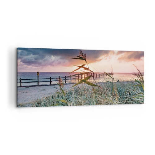 Cuadro sobre lienzo - Impresión de Imagen - Playa al atardecer con hierbas en primer plano - 120x50cm - Bailando con el viento - Decoración de pared moderna para salón y dormitorio ARTTOR