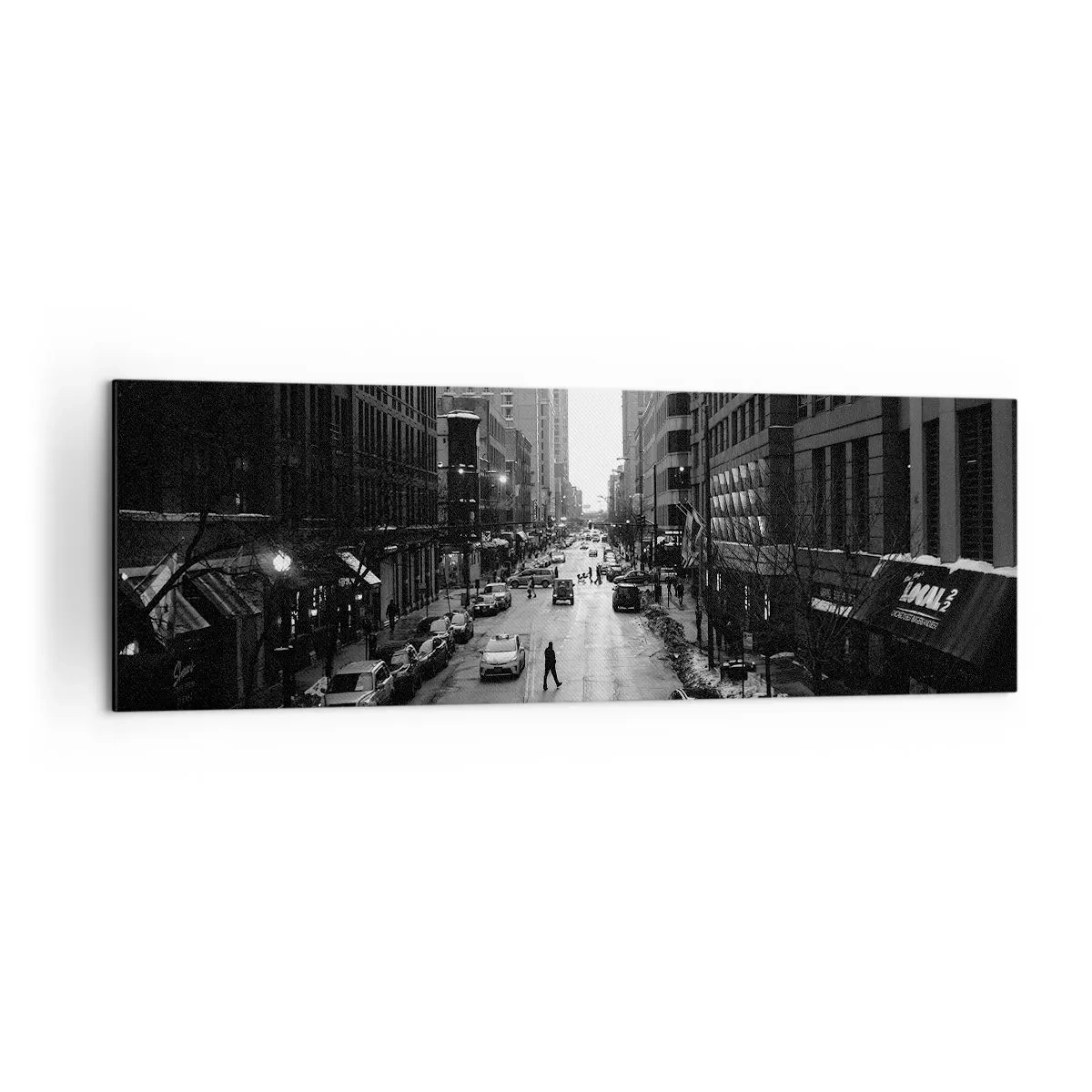 Cuadro sobre lienzo - Impresión de Imagen - Una calle en blanco y negro en el centro de la ciudad con coches y peatones. - 160x50cm - Un día como otro cualquiera - Decoración de pared moderna para salón y dormitorio ARTTOR
