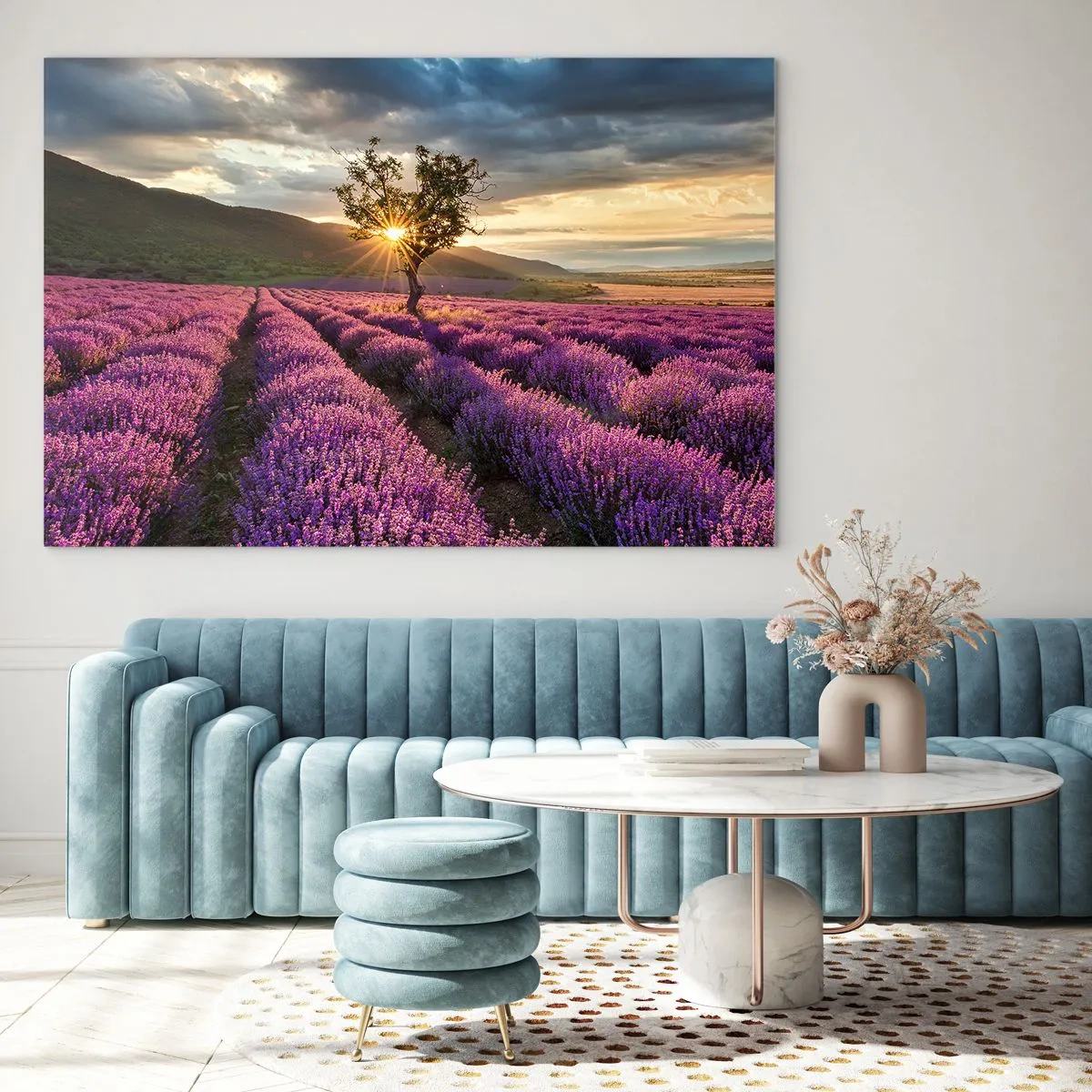 Cuadro sobre vidrio - Impresiones sobre Vidrio - Un campo de lavanda con un árbol solitario bajo los rayos del sol poniente. - 70x50cm - Aroma en lila - Decoración de pared moderna para salón y dormitorio ARTTOR