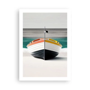 Póster - Una fotografía en color de un barco con el mar y la arena como fondo. - 50x70cm - En su lugar exacto - Decoración de pared moderna para salón y dormitorio ARTTOR