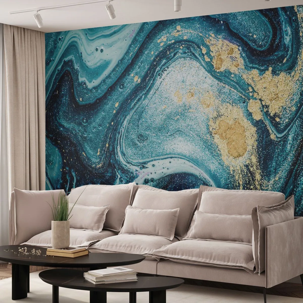 Fotomural Premium Sand - Composición abstracta en tonos azules y dorados. - 100x70cm - Vórtice azul - Decoración de pared moderna para salón y dormitorio ARTTOR