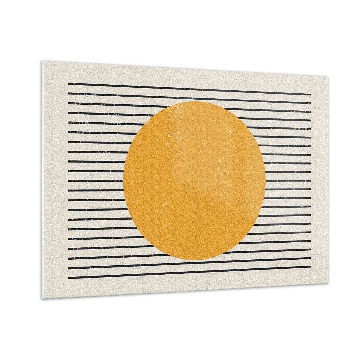 Cuadro sobre vidrio - Impresiones sobre Vidrio - Un círculo naranja sobre un fondo de líneas negras horizontales sobre un fondo beige. - 100x70cm - El poder de la sencillez - Decoración de pared moderna para salón y dormitorio ARTTOR