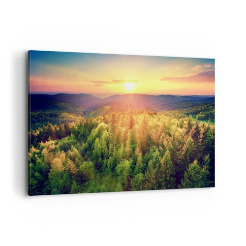Cuadro sobre lienzo - Impresión de Imagen - Paisaje forestal con puesta de sol sobre las colinas - 120x80cm - Desde lo alto - Decoración de pared moderna para salón y dormitorio ARTTOR