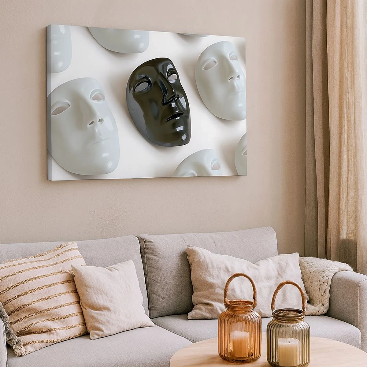 Cuadro sobre lienzo - Impresión de Imagen - Máscaras en blanco y negro sobre un fondo claro - 70x50cm - ¿Cómo destacar? - Decoración de pared moderna para salón y dormitorio ARTTOR