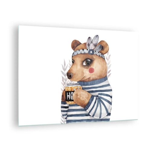 Cuadro sobre vidrio - Impresiones sobre Vidrio - Un osito de peluche rayado con una taza de miel y plumas. - 70x50cm - Dulce oso - Decoración de pared moderna para salón y dormitorio ARTTOR