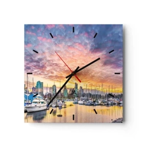 Reloj de pared - Reloj de vidrio - Puerto deportivo con yates y paisaje urbano al atardecer - 30x30cm - Una ciudad de mil marineros - Decoración de pared moderna para salón y dormitorio ARTTOR