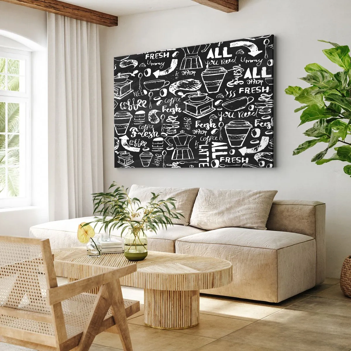 Cuadro sobre lienzo - Impresión de Imagen - Gráficos de café elegantes sobre un fondo negro. - 120x80cm - All you need is… - Decoración de pared moderna para salón y dormitorio ARTTOR
